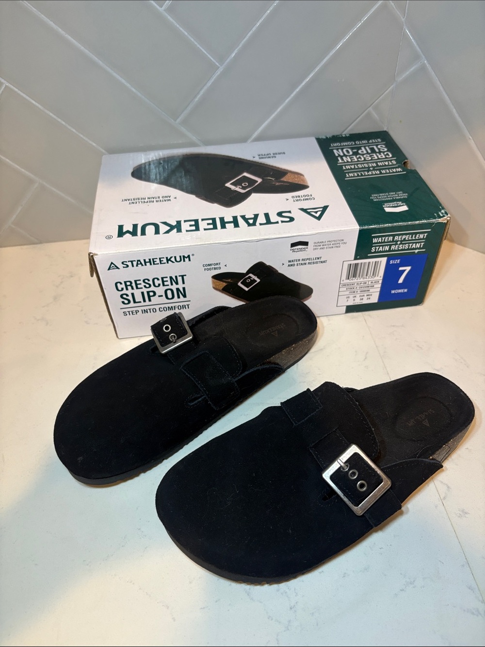 Staheekum Black Crescent Slip-On Sandals with Buckle - Women’s